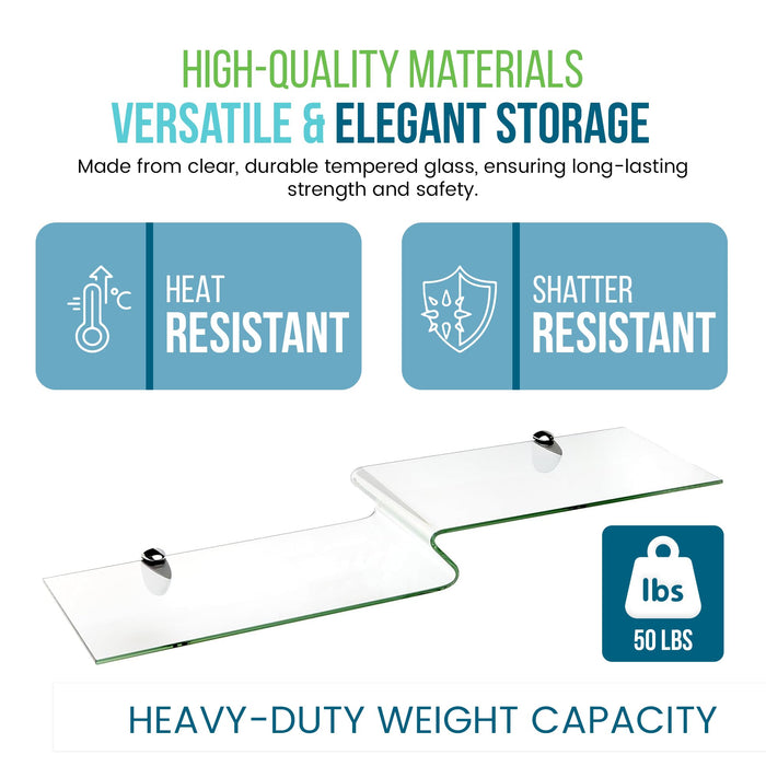 10" X 30" Heron Bathroom Glass Shelves - 2 Brackets Included with Each Shelf