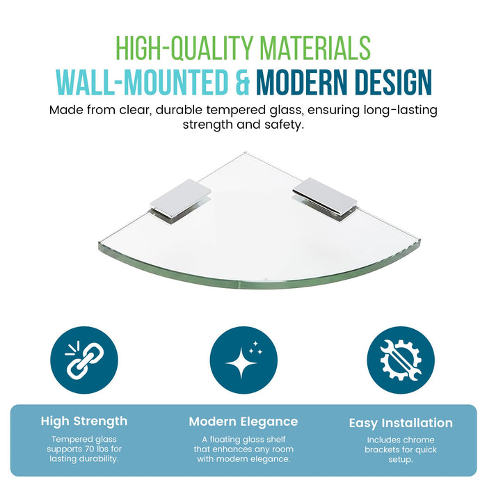 10" Qtr Rd Heron Corner Glass Shelves - 2 Brackets Included with Each Shelf