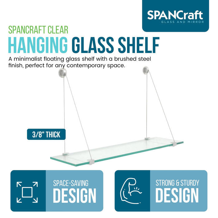 4 3/4" X 33" Crane Floating Glass Shelves - 2 Brackets Included with Each Shelf